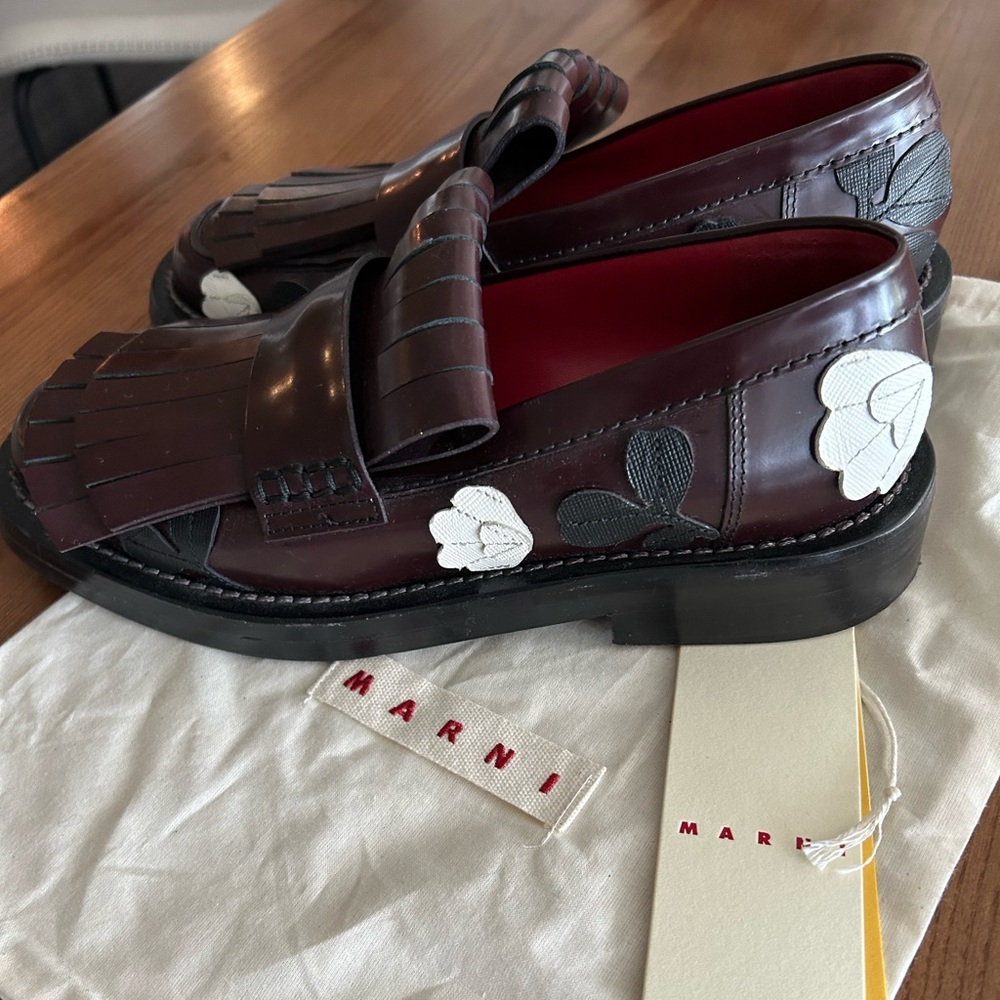 Marni Burgundy and Black Loafers with Floral Detail